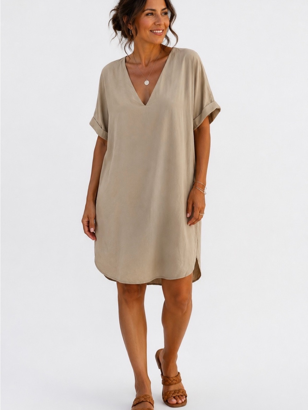 Polo by Ralph Lauren Silk Tan V-Neck Short Sleeve Dress Minimalist Preppy Boho